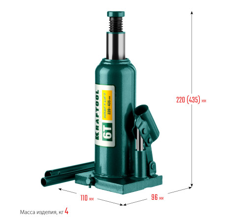 KRAFTOOL KRAFT-LIFT, 6 т, 216 - 413 мм, бутылочный гидравлический домкрат (43462-6) купить  в Сочи
