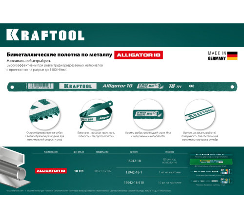 KRAFTOOL Alligator-18, 18 TPI, 300 мм, биметаллическое гибкое полотно по металлу (15942-18-1) купить  в Сочи