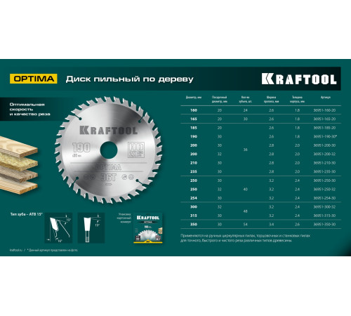 KRAFTOOL Optima, 190 х 30 мм, 36Т, пильный диск по дереву (36951-190-30) купить  в Сочи