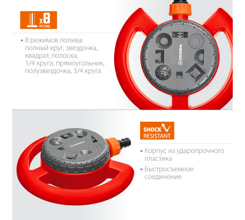 GRINDA GF-8, 8 режимов полива, на облегченной подставке, пластиковый, стационарный распылитель (8-427643) купить  в Сочи