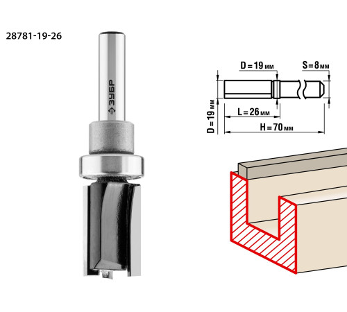 ЗУБР 19 x 26 мм, хвостовик 8 мм, фреза пазовая прямая с верхним подшипником, Профессионал (28781-19-26) купить  в Сочи
