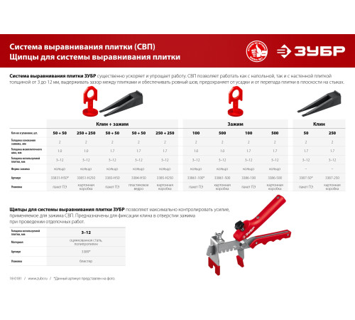 ЗУБР СВП, комплект: 1,0 мм, зажим + клин, 250 + 250 шт, система выравнивания плитки (33851-H250) купить  в Сочи