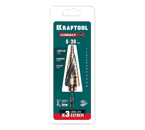 KRAFTOOL COBALT 6-30мм, 13 ступеней, азотирование, винтовая спираль, сверло ступенчатое(29691-6-30-13) купить в Сочи KRAFTOOL COBALT 6-30мм, 13 ступеней, азотирование, винтовая спираль, сверло ступенчатое(29691-6-30-13) купить в Сочи