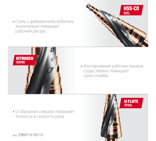 KRAFTOOL COBALT 6-30мм, 13 ступеней, азотирование, винтовая спираль, сверло ступенчатое(29691-6-30-13) купить в Сочи KRAFTOOL COBALT 6-30мм, 13 ступеней, азотирование, винтовая спираль, сверло ступенчатое(29691-6-30-13) купить в Сочи