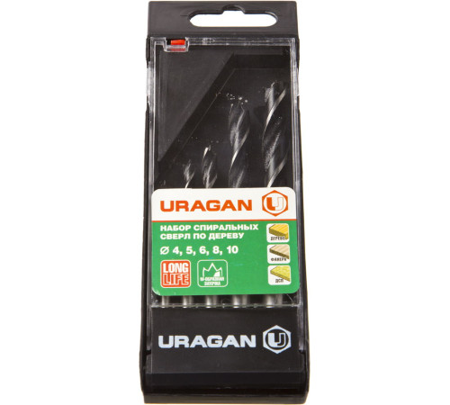 URAGAN 5 шт: 4-5-6-8-10 мм, набор спиральных сверл по дереву (29419-H5) купить  в Сочи