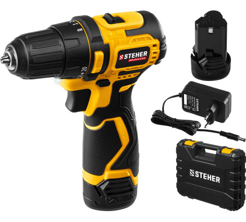 STEHER 12 В, 35 Н·м, 2 АКБ (2 А·ч), бесщеточная дрель-шуруповерт, кейс (CDB-120-2) купить в Сочи STEHER 12 В, 35 Н·м, 2 АКБ (2 А·ч), бесщеточная дрель-шуруповерт, кейс (CDB-120-2) купить в Сочи