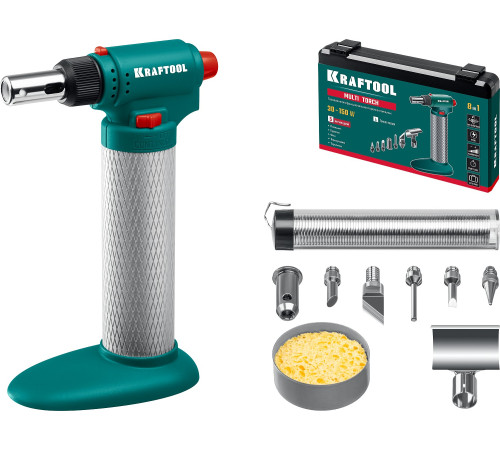 KRAFTOOL Multi torch, 30 - 150 Вт, 1300°С, набор 8 в 1: горелка, фен, пьезоподжиг, газовый паяльник (55506-H8) купить  в Сочи