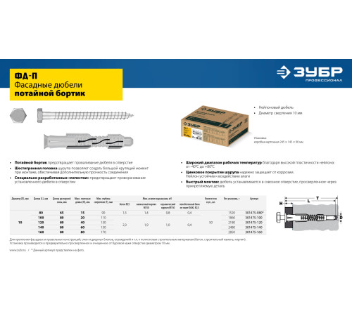 ЗУБР ФД-П 10 x 160 мм, фасадный дюбель, нейлон/цинк, 50 шт (301475-160) купить  в Сочи