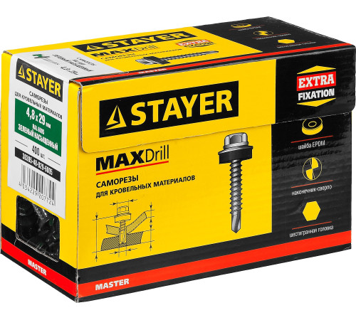 Саморезы СКД кровельные, RAL 6005 зеленый насыщенный, 29 x 4.8 мм, 400 шт, для деревянной обрешетки, STAYER купить  в Сочи