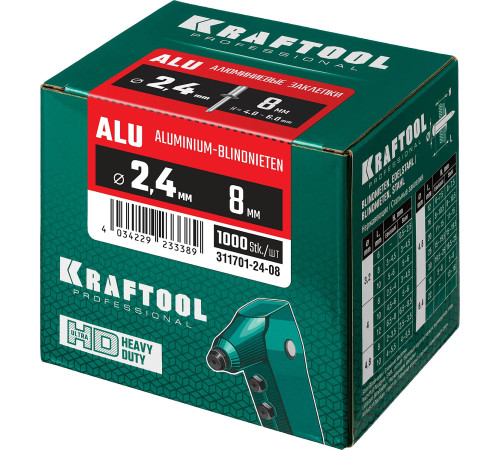 KRAFTOOL Alu (Al5052), 2.4 x 8 мм, 1000 шт, алюминиевые заклепки (311701-24-08) купить  в Сочи