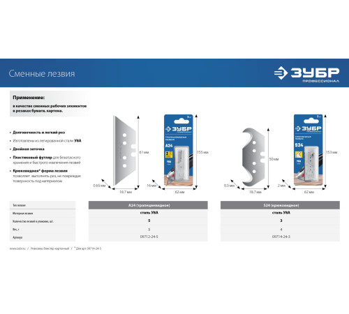 ЗУБР А24, 5 шт, трапециевидные лезвия, Профессионал (09712-24-5) купить  в Сочи