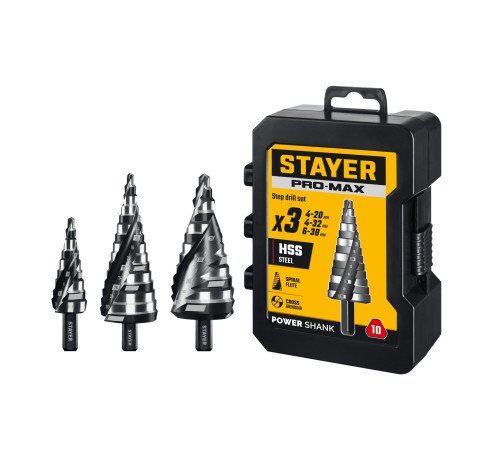 STAYER Pro-Max 3 шт, 4-38мм, винтовая спираль, набор сверл ступенчатых (29661-4-38-H3) купить в Сочи STAYER Pro-Max 3 шт, 4-38мм, винтовая спираль, набор сверл ступенчатых (29661-4-38-H3) купить в Сочи