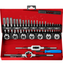 ЗУБР 32 предмета, сталь 9ХС, набор метчиков и плашек (28129-H32)