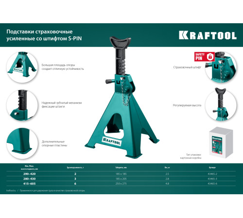 KRAFTOOL S-PIN, 2 т, 290 - 420 мм, усиленная страховочная подставка со штифтом (43465-2) купить  в Сочи