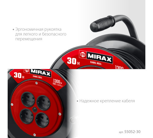 MIRAX ПВС, 2 х 0.75 мм2, 30 м, 1300 Вт, удлинитель на катушке (55052-30) купить  в Сочи