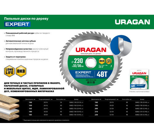 URAGAN Expert, 210 х 32/30 мм, 48Т, пильный диск по дереву (36802-210-32-48) купить  в Сочи