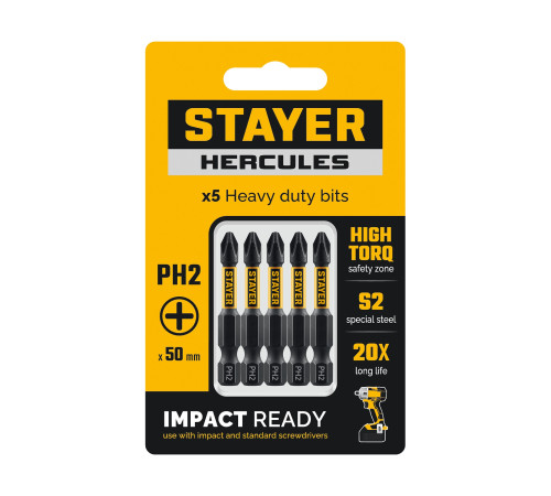 STAYER HERCULES, PH2, 50 мм, 5 шт, торсионные биты (26231-2-50-5) для монтажа и демонтажа резьбовых соединений с ручным и механизированным инструментом STAYER HERCULES, PH2, 50 мм, 5 шт, торсионные биты (26231-2-50-5) для монтажа и демонтажа резьбовых соединений с ручным и механизированным инструментом