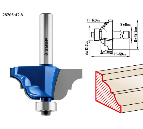 ЗУБР 42.8 x 19 мм, радиус 6.3 мм, фреза кромочная калевочная №4, Профессионал (28705-42.8) купить  в Сочи