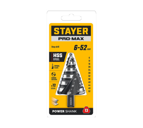 STAYER Pro-Max 6-52мм, 12 ступеней, винтовая спираль, сверло ступенчатое (29661-6-52-12) купить в Сочи STAYER Pro-Max 6-52мм, 12 ступеней, винтовая спираль, сверло ступенчатое (29661-6-52-12) купить в Сочи