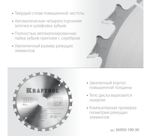 KRAFTOOL Fast, 190 х 30 мм, 24Т, пильный диск по дереву (36950-190-30) купить  в Сочи