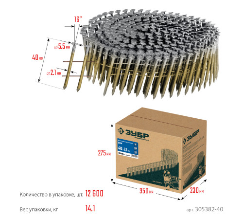 ЗУБР CNW 40 х 2.1 мм, барабанные гвозди рифленые, 12600 шт (305382-40) купить  в Сочи