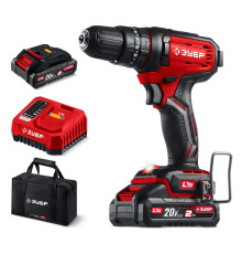 ЗУБР 20 В, 40 Н·м, 2 АКБ LMS (2 А·ч), ударная дрель-шуруповерт, сумка (ДШУ-40-22)