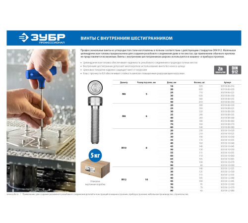 ЗУБР DIN 912, кл. пр. 8.8, М12 х 30 мм, цинк, 5 кг, винт с внутренним шестигранником, Профессионал (30318-12-030) купить  в Сочи