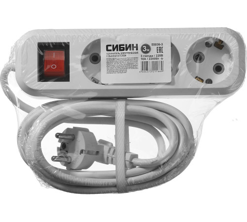 СИБИН У-30 В, ПВС, 3 х 0.75 мм2, 3 гн., 3 м, выключатель 2200 Вт, бытовой удлинитель (55036-3) купить  в Сочи