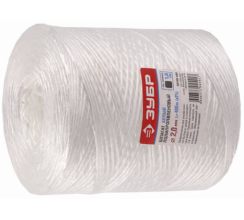 ЗУБР d 2.0 мм, 400 м, 1600 текс, 22 кгс, белый, полипропиленовый шпагат (50100-400) купить  в Сочи