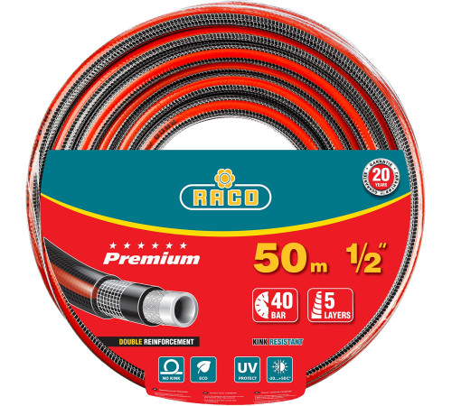 RACO PREMIUM, 1/2″, 50 м, 40 атм, пятислойный, усиленный двумя слоями армирования, поливочный шланг (40300-1/2-50) купить в Сочи RACO PREMIUM, 1/2″, 50 м, 40 атм, пятислойный, усиленный двумя слоями армирования, поливочный шланг (40300-1/2-50) купить в Сочи