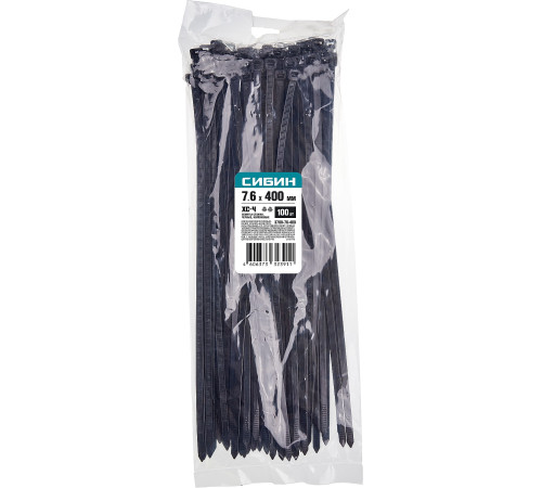 СИБИН ХС-Ч, 7.6 x 400 мм, нейлон РА66, 100 шт, черные, хомуты-стяжки (3788-76-400) купить  в Сочи