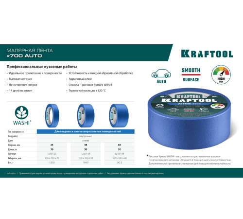 KRAFTOOL #700 Auto 25 мм х 50 м, для авторемонтных работ, малярная лента (12107-25) купить  в Сочи