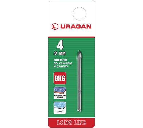 URAGAN 4 мм, 2х кромка, цилиндр хвостовик, Сверло по стеклу и кафелю (29830-04) купить  в Сочи