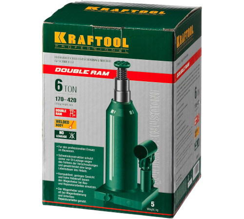 KRAFTOOL DOUBLE RAM, 6 т, 170 - 420 мм, с увеличенным подъемом, двухштоковый бутылочный домкрат (43463-6) купить  в Сочи
