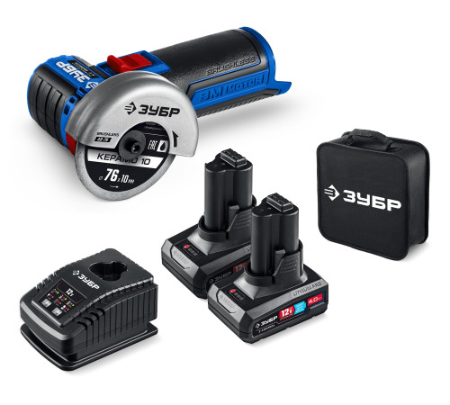 ЗУБР 12 В, D76 мм, 2 АКБ тип Т7 (4 А·ч), бесщеточная УШМ, сумка, Профессионал (AB-76-42) купить  в Сочи