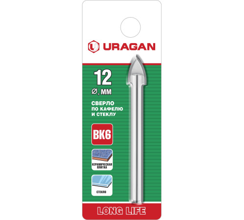 URAGAN 12 мм, 2х кромка, цилиндр хвостовик, Сверло по стеклу и кафелю (29830-12) купить  в Сочи