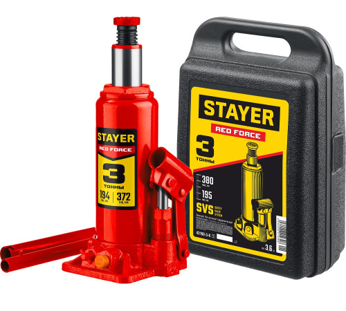 STAYER RED FORCE, в кейсе, 3 т, 194 - 375 мм, бутылочный гидравлический домкрат, Professional (43160-3-K) купить в Сочи STAYER RED FORCE, в кейсе, 3 т, 194 - 375 мм, бутылочный гидравлический домкрат, Professional (43160-3-K) купить в Сочи