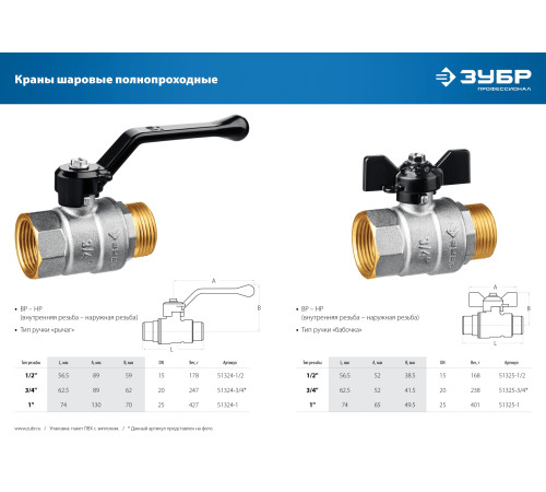 ЗУБР d 3/4″, ручка-рычаг, шаровой кран (51324-3/4) купить  в Сочи