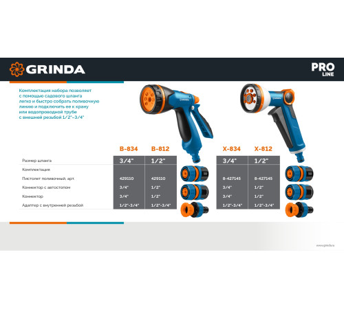 GRINDA B-834, пистолет поливочный B-8, коннектор 3/4, конектор 3/4 с автостопом, адаптер с внутр. резьбой 1/2х3/4, набор поливочный, PROLine (429113) купить  в Сочи
