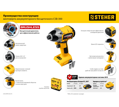 STEHER V1, 20 В, 300 Н·м, без АКБ, бесщеточный винтоверт (CSB-300) купить  в Сочи