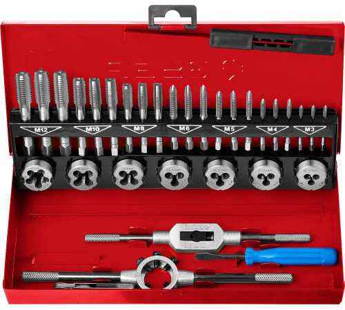 ЗУБР 32 предмета, сталь 9ХС, набор метчиков и плашек (28129-H32) купить  в Сочи