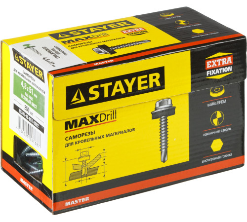 Саморезы СКД кровельные, RAL 6002 зеленый лист, 51 х 4.8 мм, 250 шт, для деревянной обрешетки, STAYER купить  в Сочи