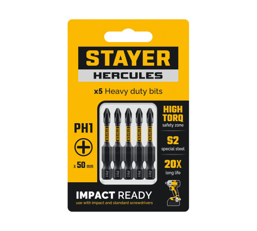 STAYER HERCULES, PH1, 50 мм, 5 шт, торсионные биты (26231-1-50-5) для монтажа и демонтажа резьбовых соединений с ручным и механизированным инструментом STAYER HERCULES, PH1, 50 мм, 5 шт, торсионные биты (26231-1-50-5) для монтажа и демонтажа резьбовых соединений с ручным и механизированным инструментом