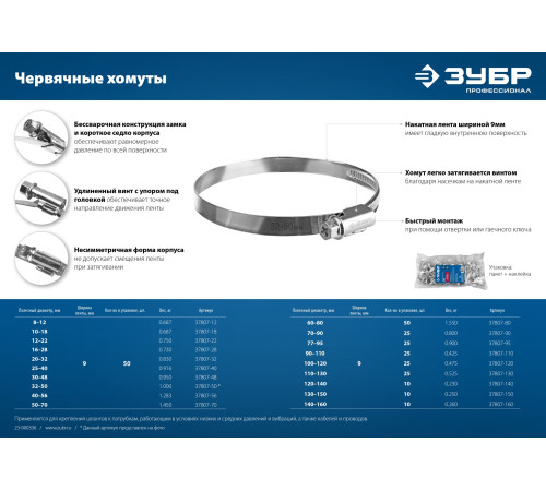 ЗУБР Х-9Н, 10 - 18 мм, накатная лента 9 мм, цинк, 50 шт, червячный хомут (37807-18) купить  в Сочи