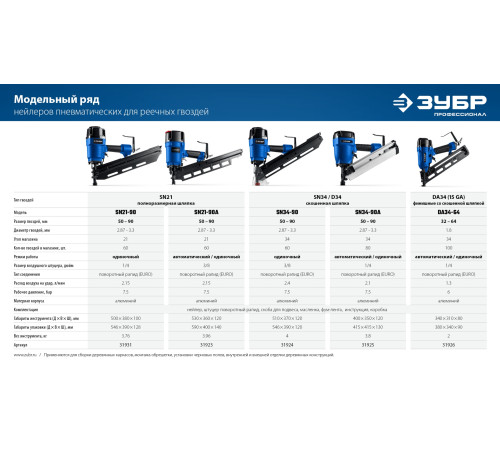 ЗУБР SN21-90A, пневматический нейлер для реечных гвоздей ЗУБР SN21 (50-90 мм), Профессионал (31923) купить  в Сочи