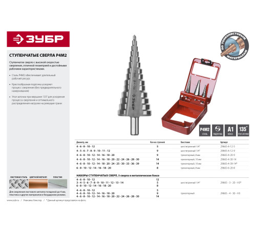 ЗУБР 4-30 мм, 3 шт, сталь Р4М2, набор ступенчатых сверл (29665-4-30-H3) купить  в Сочи