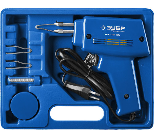 ЗУБР 150 Вт, в наборе: нагрев 6 сек., канифоль, припой, 2 сменных жала, импульсный паяльник, Профессионал (55412-H4) купить  в Сочи