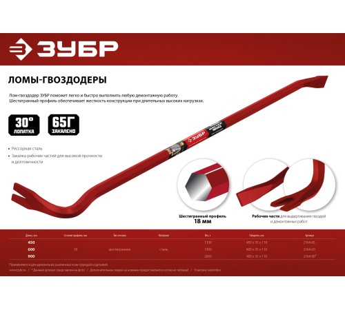 ЗУБР Hex-18, 600 мм, лом-гвоздодер (2164-60) купить  в Сочи
