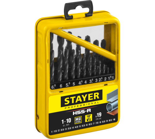 STAYER HSS-R, 19 шт, (1-10 мм), быстрорежущая сталь P6M5, класс В, мет.бокс, набор сверл по металлу, Professional (29602-H19-M) купить в Сочи STAYER HSS-R, 19 шт, (1-10 мм), быстрорежущая сталь P6M5, класс В, мет.бокс, набор сверл по металлу, Professional (29602-H19-M) купить в Сочи