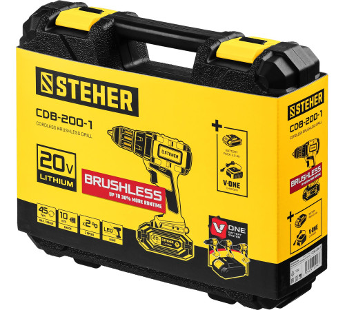 STEHER V1, 20 В, 45 Н·м, 1 АКБ (2 А·ч), бесщеточная дрель-шуруповерт, кейс (CDB-200-1) купить в Сочи STEHER V1, 20 В, 45 Н·м, 1 АКБ (2 А·ч), бесщеточная дрель-шуруповерт, кейс (CDB-200-1) купить в Сочи
